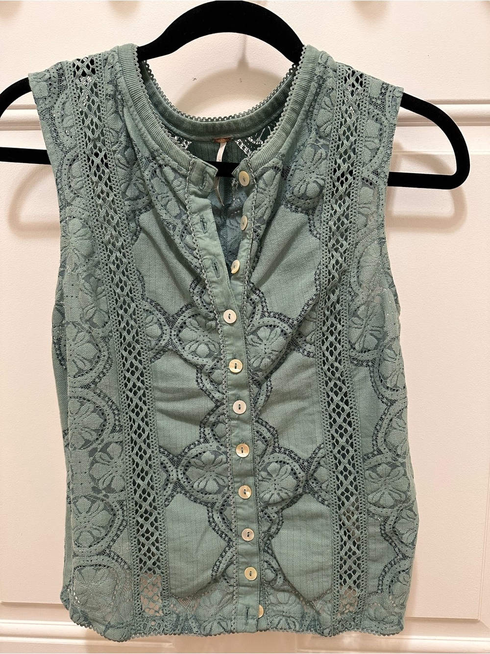 Free People Sage Green Lace-Front Button Tank